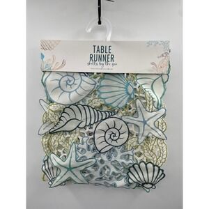 NWT Shells by the Sea Embroidered Table Runner 14x72" Coastal Beach Home Decor